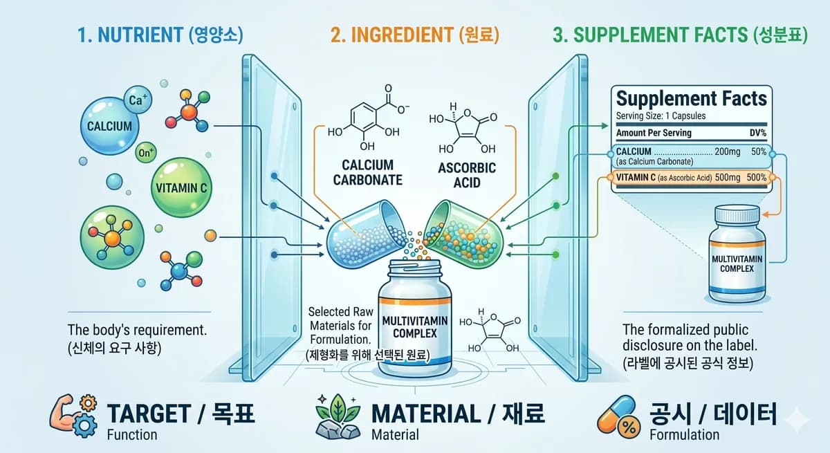 영양소 · 원료 · 성분표 관계 다이어그램